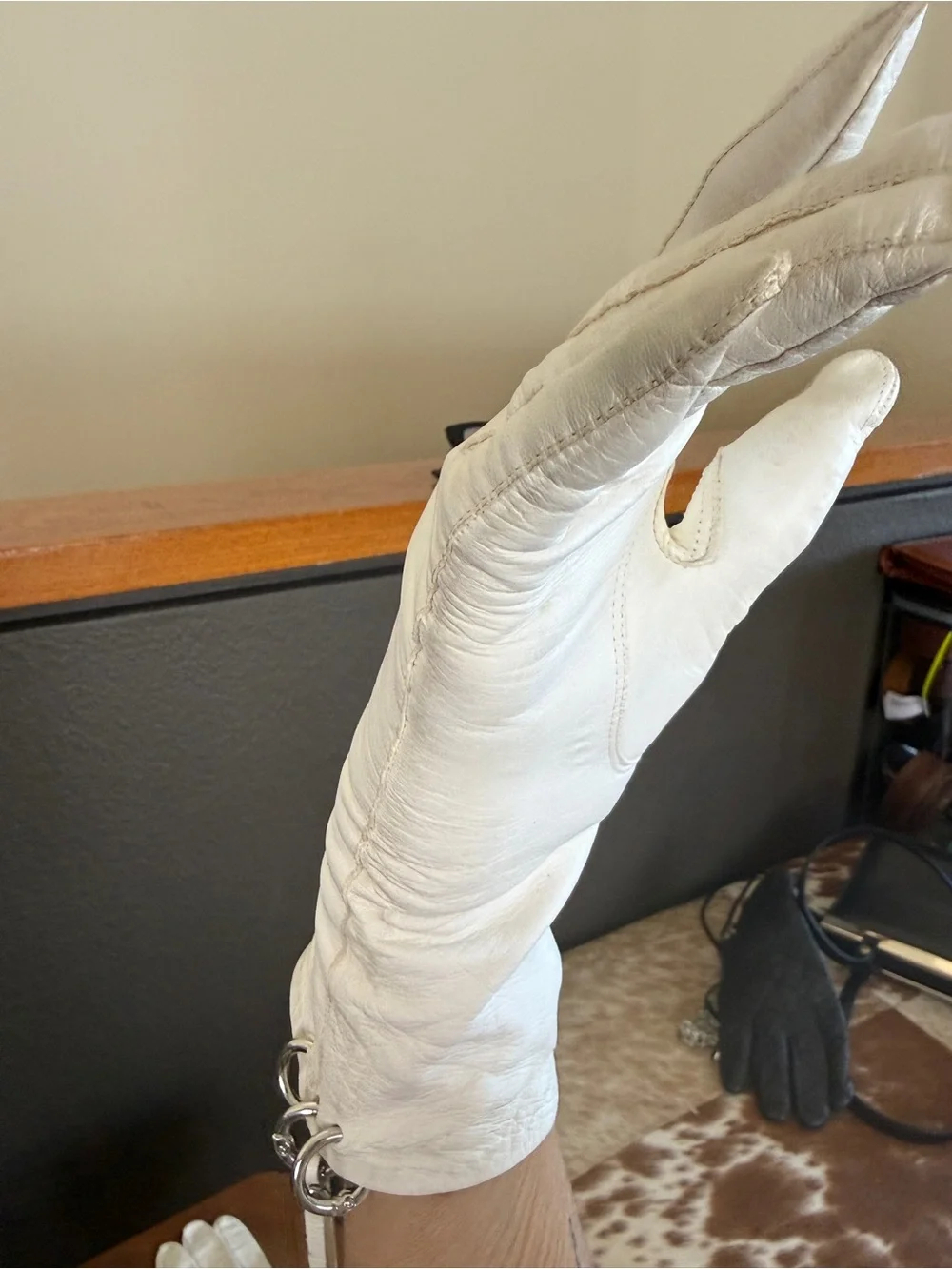 White Leather Gauntlet Gloves Silver piercings  & Leather Tassels Avant-Garde